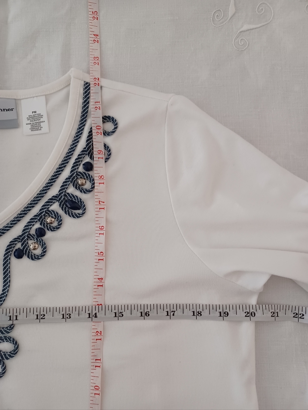 Alfred Dunner Petite White V- Neck Top With Blue Embroidery & Studs- Size MP - Picture 4 of 7